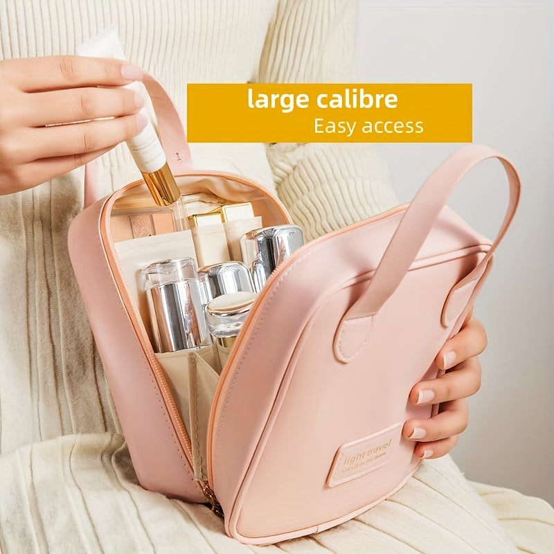 Large Capacity Travel Makeup Bag for Women - Waterproof Synthetic Leather Cosmetic Organizer with Dividers, Handle & Zipper Closure